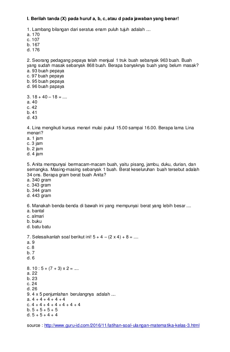 contoh soal matematika UAS SD KELAS 2 SEMESTER 1